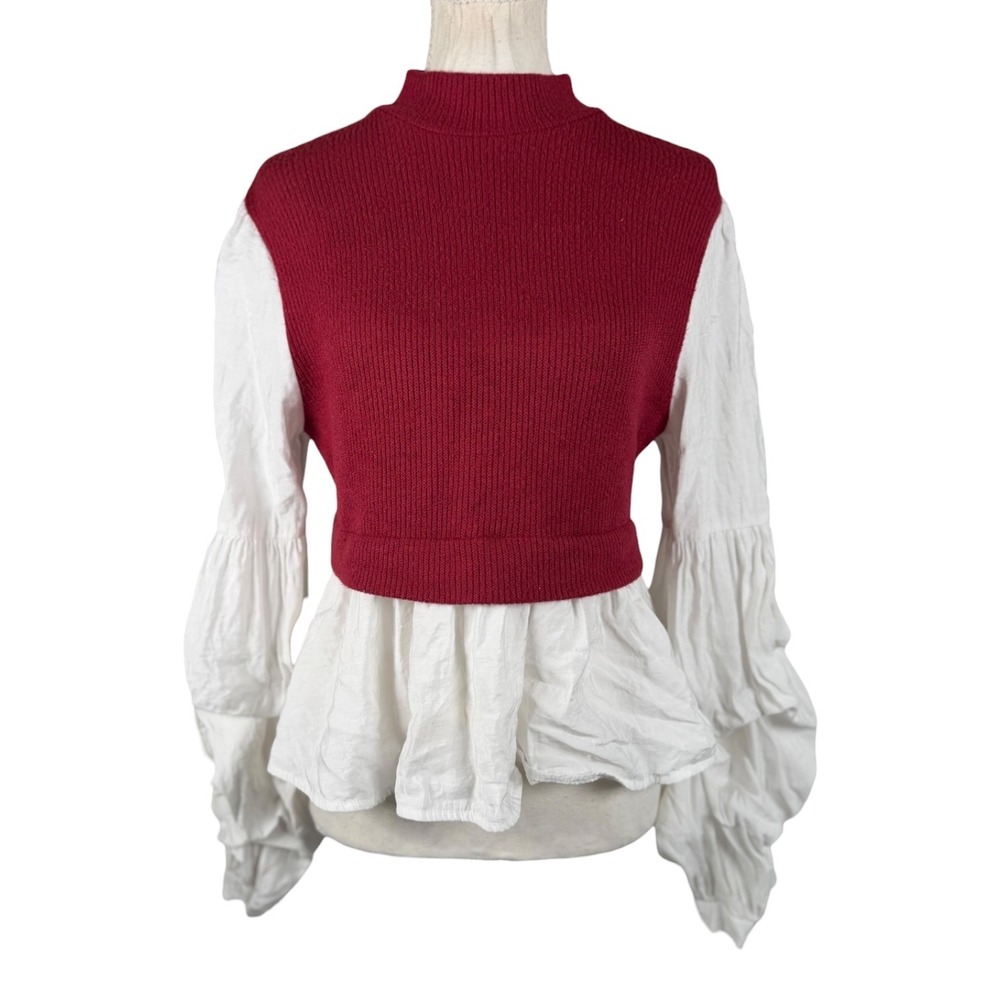 Anthropologie Mixed Media Top Womens M Burgundy White Peplum Puff Sleeve Preppy